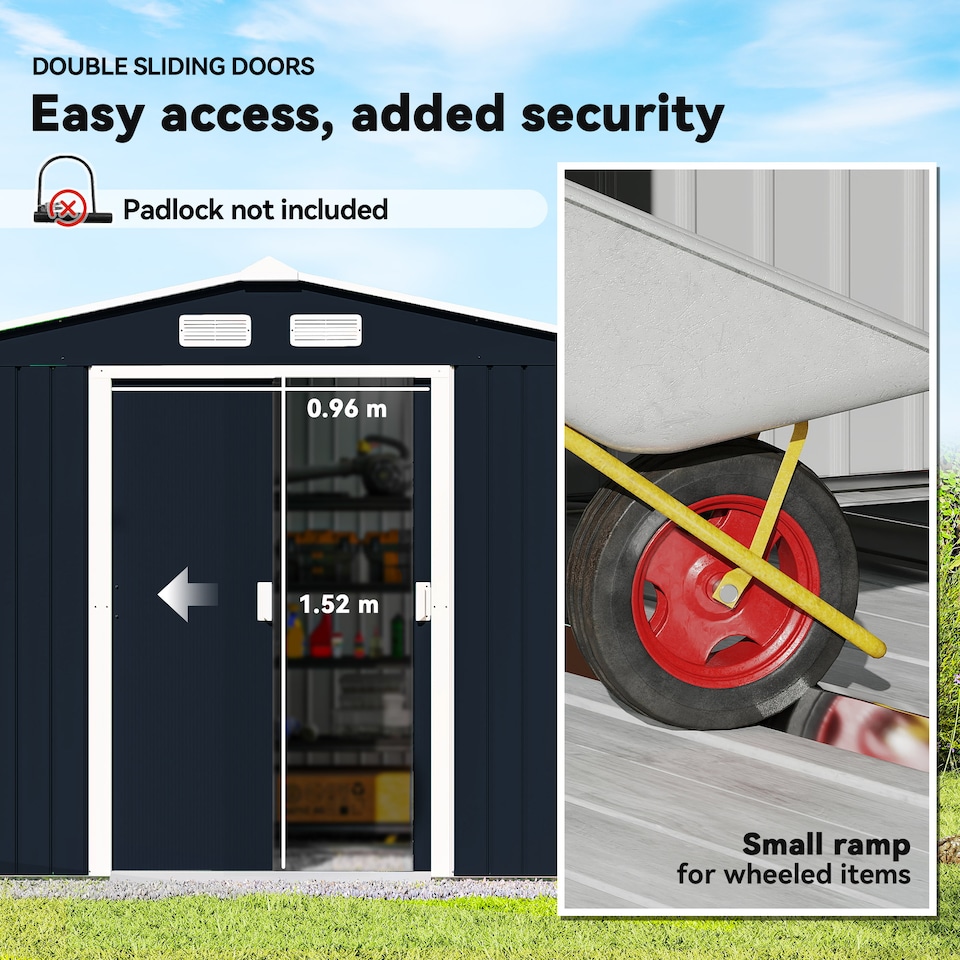 image 1 of Outsunny 9 x 6ft Metal Garden Shed, Outdoor Storage Tool House with Ventilation Slots, Foundation Kit and Lockable Double Doors, Dark Grey