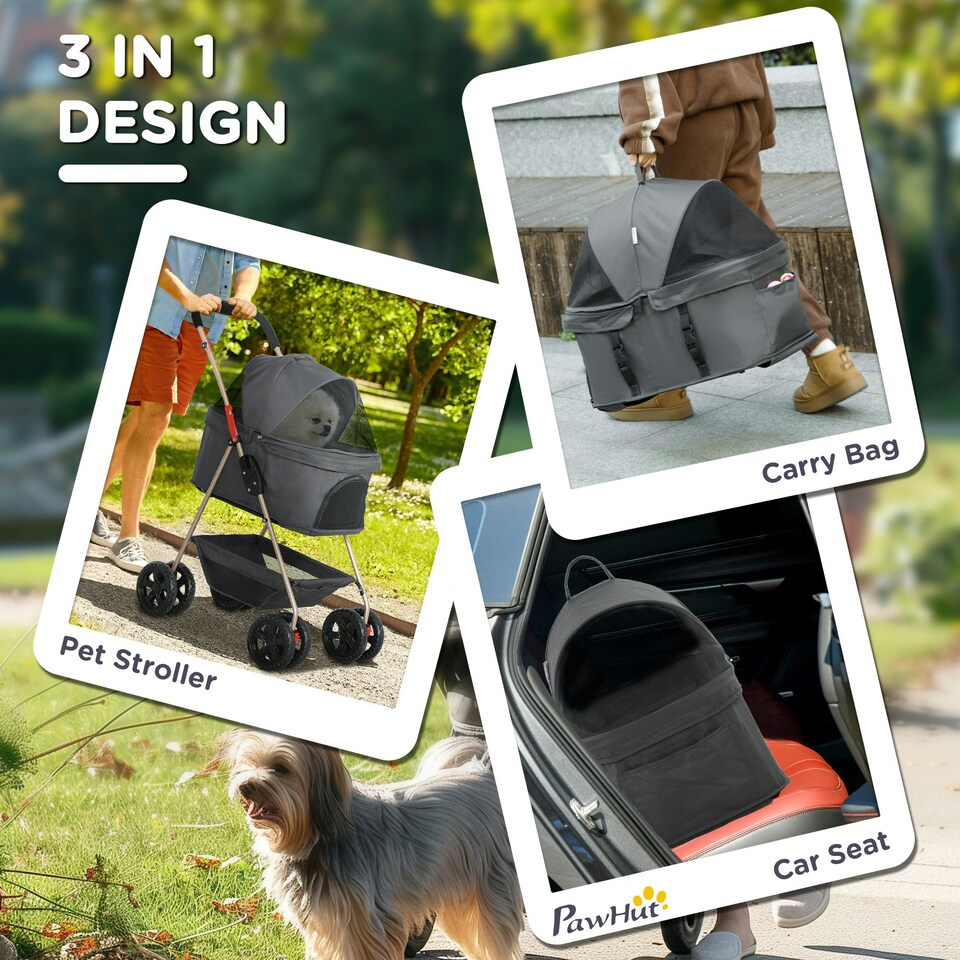 image 1 of PawHut 3-in-1 Pet stroller with Detachable Carrier for Mini Dogs, Grey