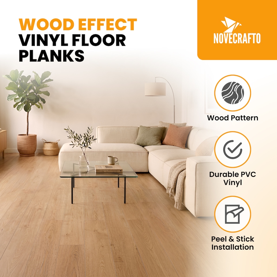 image 1 of Self Adhesive Floor Planks | 5.9x35.9in (91.4x15.2cm) Each | Peel & Stick Vinyl Flooring | Beige Wood Effect | Easy DIY | Stick On Tile Planks | Brown | 1.39 sqm