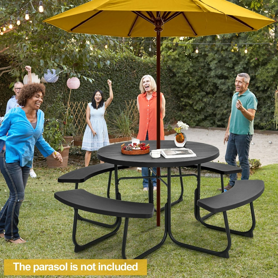 image 1 of COSTWAY 8 person Round Picnic Table Bench Set Picnic Table W/4 Benches