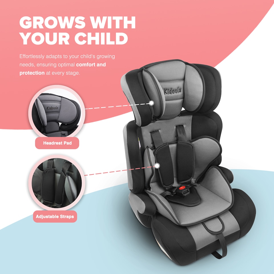 image 1 of Kidoola Adjustable Car Seat, 3 Age Functions, Toddler to 12 Years, Grey