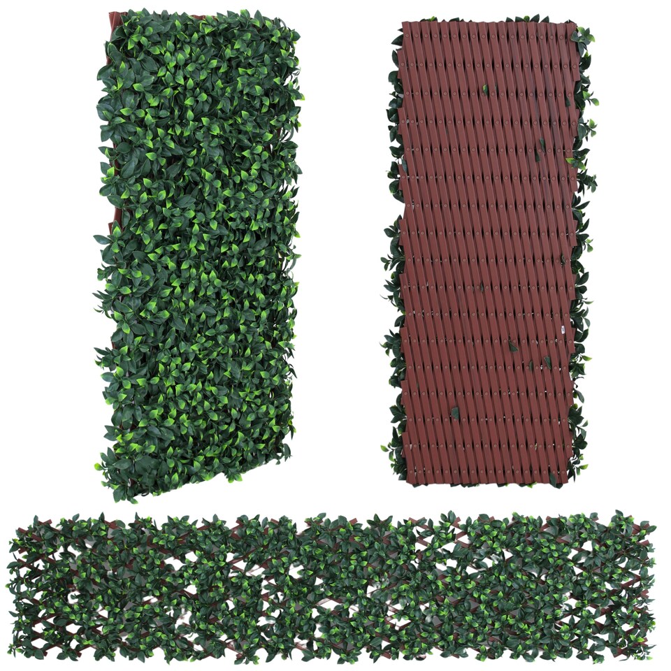 image 1 of Expanding Trellis With Artificial Leaves and Flowers - Ficus Leaf Garden Hedge Balcony Privacy Screening Panel | Green | Green | L | 1