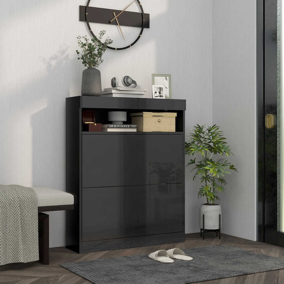 image 1 of HOMCOM Narrow Shoe Cabinet, Wall Mounted or Freestanding Shoe Storage Cabinet with 2 Flip Drawers and Open Shelf for 12-16 Pairs of Shoes for Entryway, High Gloss Black