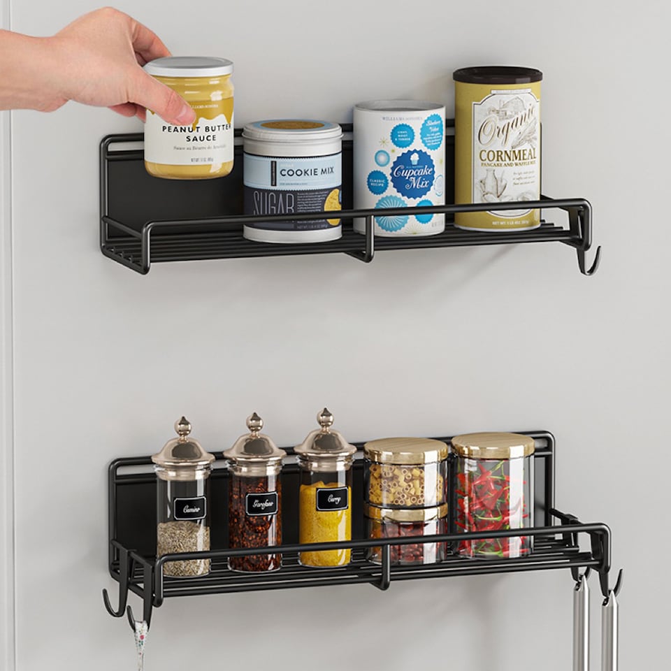 image 1 of Living and Home 2 Pcs Magnetic Fridge Storage Rack with Hooks | Black