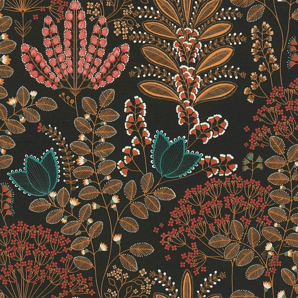 image 1 of Midnight Botanicals Multicoloured Wallpaper on Charcoal Red
