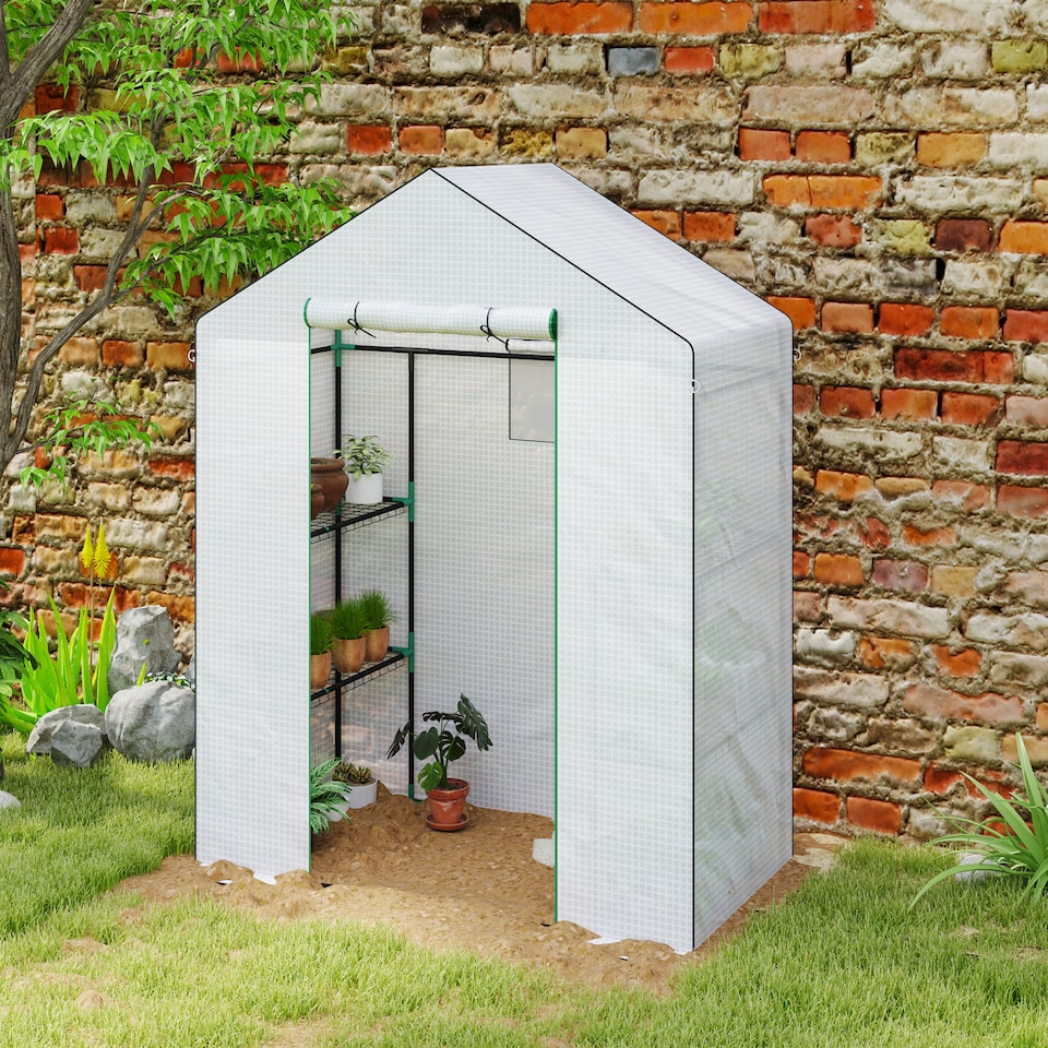 image 1 of Outsunny Walk-in Greenhouse with 4 Shelves, Outdoor Small Greenhouse, White