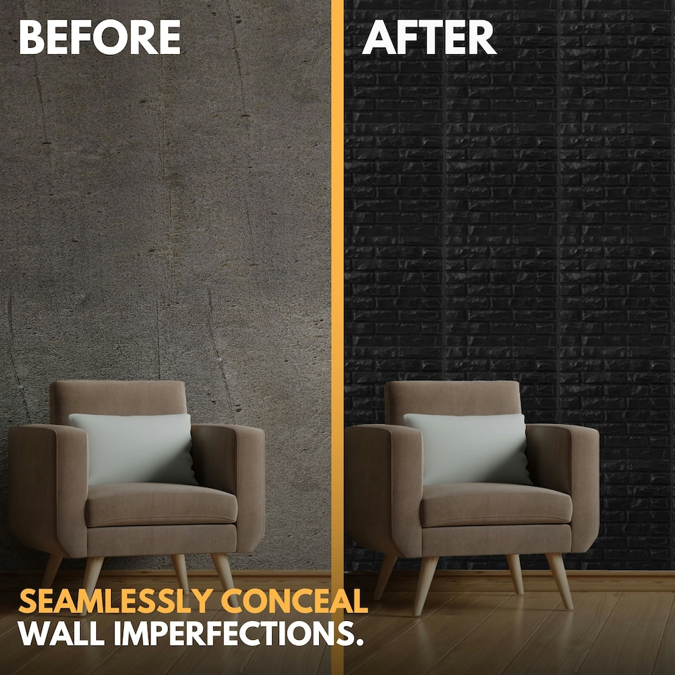 image 1 of NOVECRAFTO Brick Effect 3D Wall Panels – 6 Sheets Covering 1.5m² | 16.15ft² Interior Cladding Set | Urban Brick Design – Each Panel 50x50cm Classic Brick Black