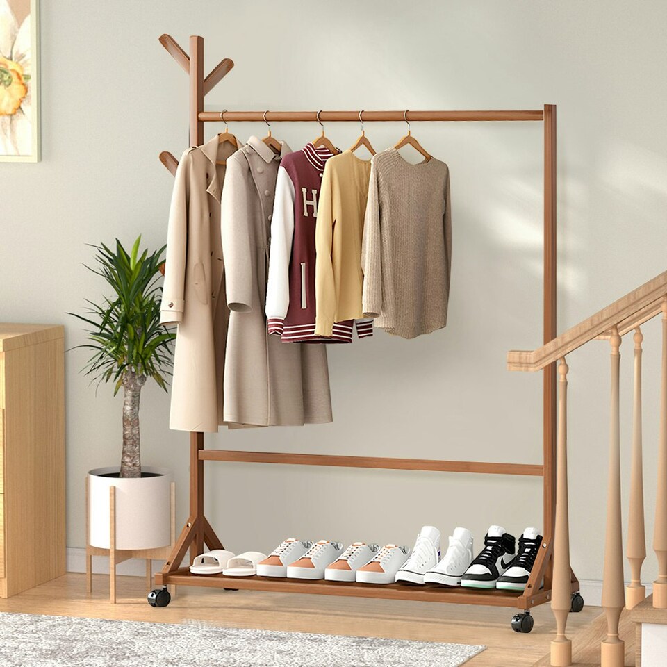image 1 of Living and Home Bamboo Garment Hat Rack with Wheels 108 W x 37 D x 157 Hcm | Multi | Not provided