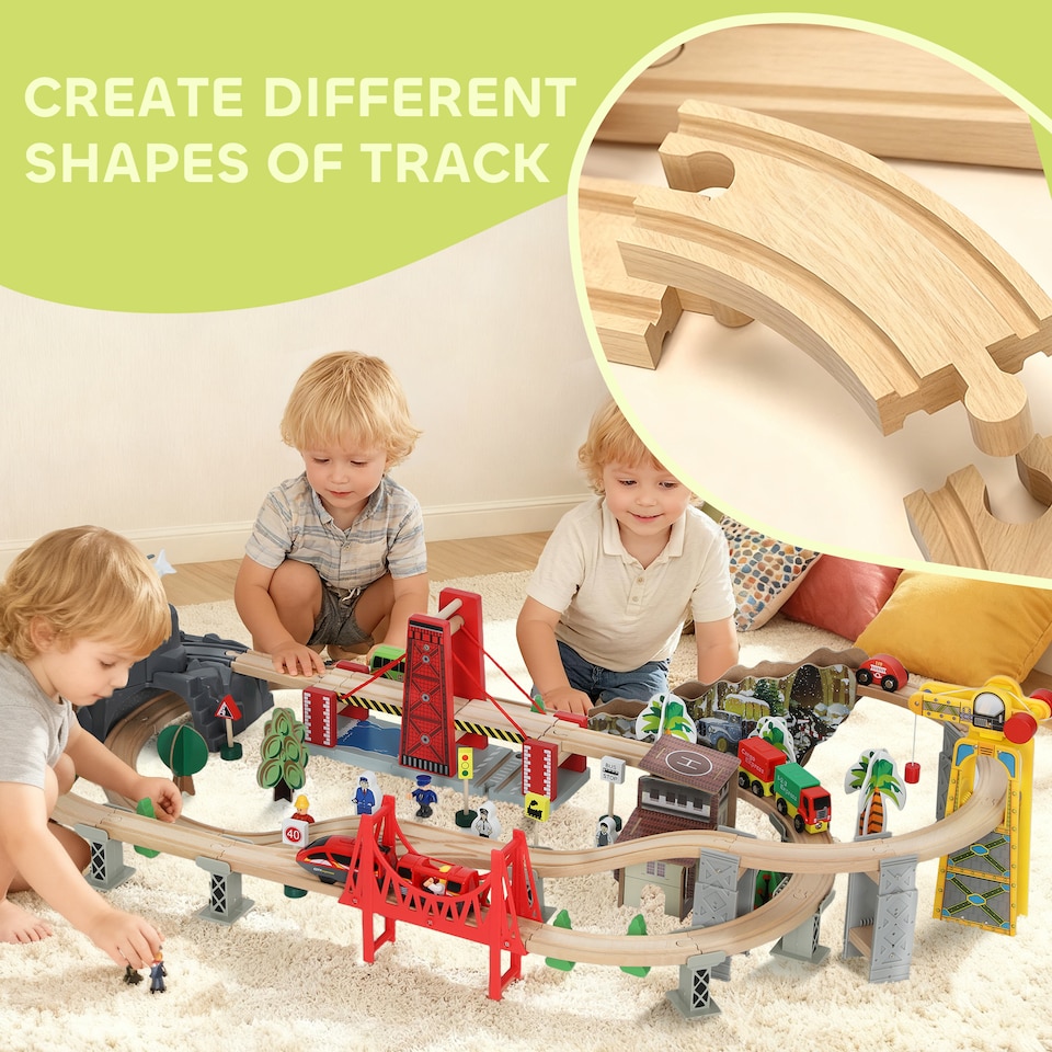 image 1 of AIYAPLAY Wooden Train Set, 100 Piece Train Track Toy for 3+ Years Kids, Boys & Girls, Magnetic Wooden Railway Toys with Crane, Bridge, Helicopter, STEM-Inspired Gift for Toddlers