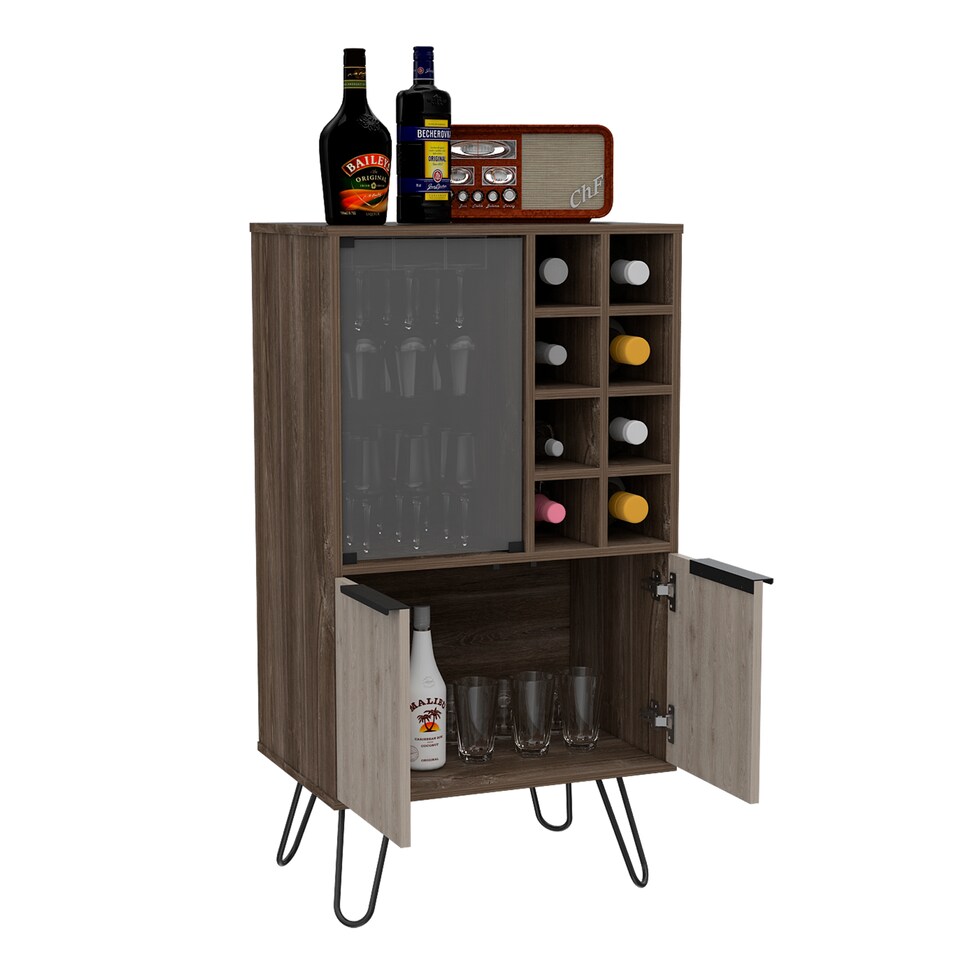 image 1 of Nevada Smoked Oak and Bleached Oak Effect Wine Cabinet - 2 Doors and 1 Glass Door with Hairpin Legs | Brown | Brown | 1