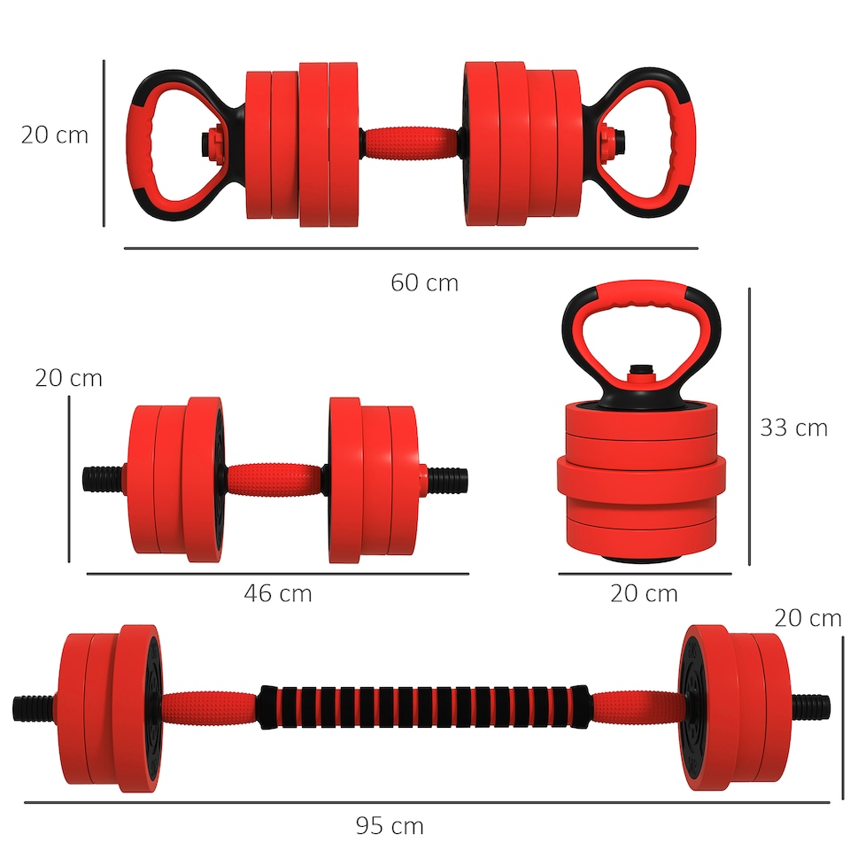 image 1 of SPORTNOW 4-in-1 Adjustable Weight Dumbbells Set, Used as Barbell, Kettlebell, Push up Stand, Free Weights Set for Men and Women Home Gym Training, 20KG, Red