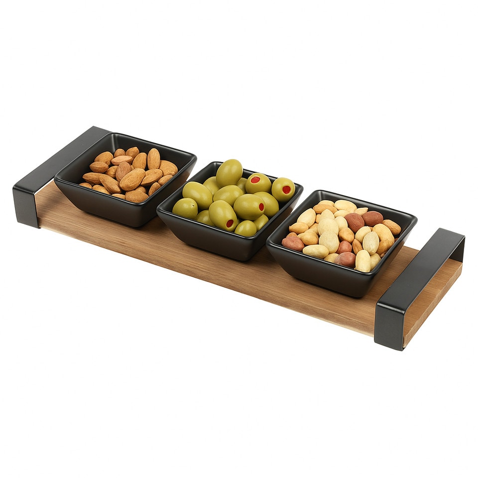 image 1 of 4 Pcs Serving Set Black Ceramic Snack Dips Tapas Bowls Dishes Acacia Wood Board