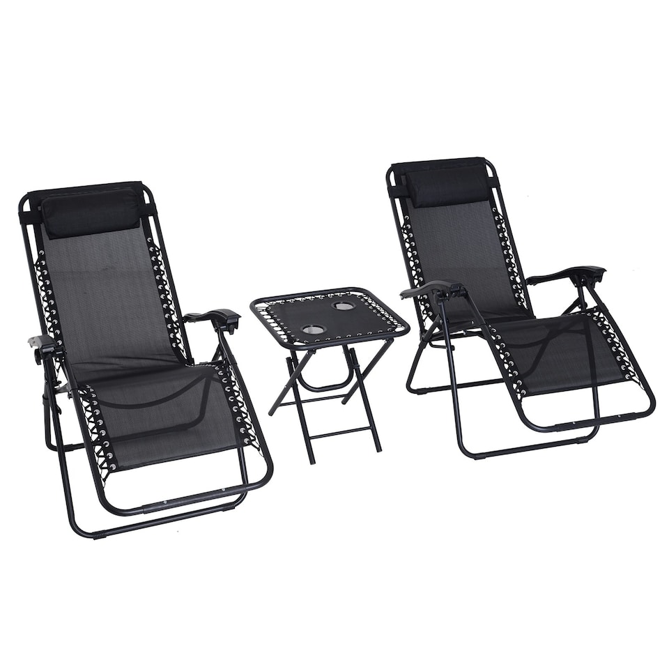 image 1 of Outsunny Folding Zero Gravity Chairs, 3 Pieces Adjustable Sun Lounger and Table Set with Cup Holder and Headrest, Patio Bistro Set with Reclining Garden Chairs for Outdoor, Black