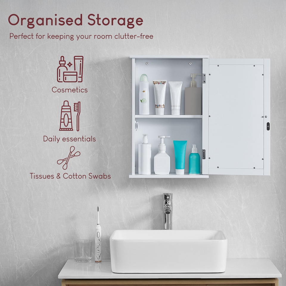 image 1 of Bath Vida Priano 1 Door Mirrored Wall Mounted Bathroom Cabinet, White | White | 1