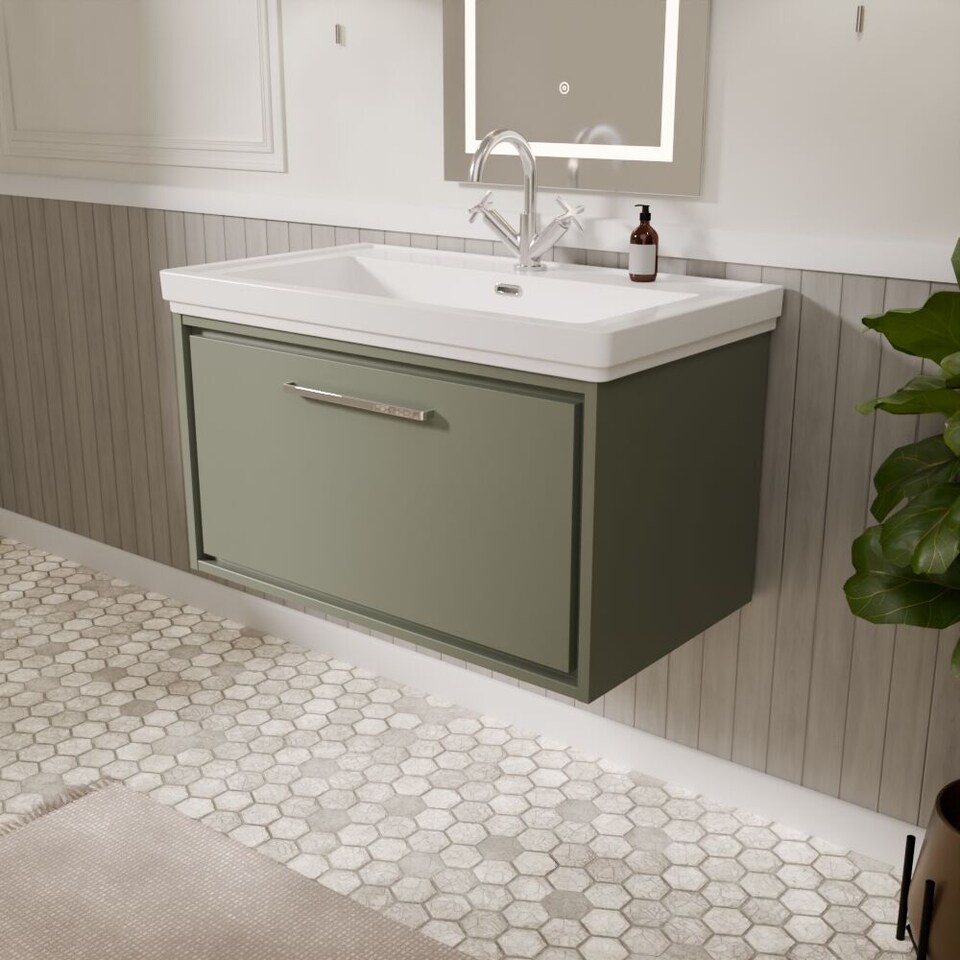 image 1 of Balterley Modern Bathroom Wall Hung Single Drawer Vanity Unit with Fireclay Basin - 1 Tap Hole | Green | Reed Green | 498 x 830 x 471mm