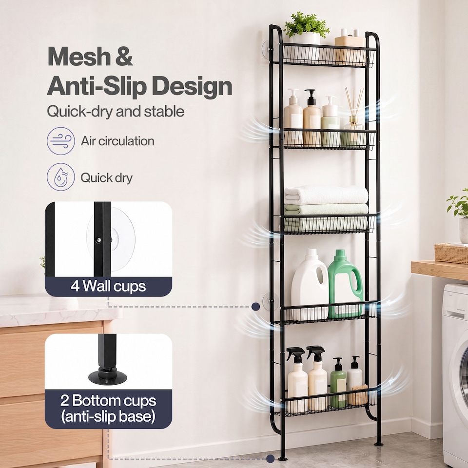 image 1 of Levede Behind Door Storage Organiser Narrow 5-Tier Bathroom Shelves,Steel,Black