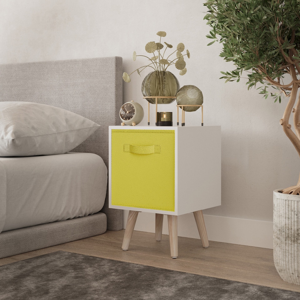 image 1 of White 1-Drawer Cube Shelving Unit with Scandinavian Legs | Yellow | Yellow & Pine | 1