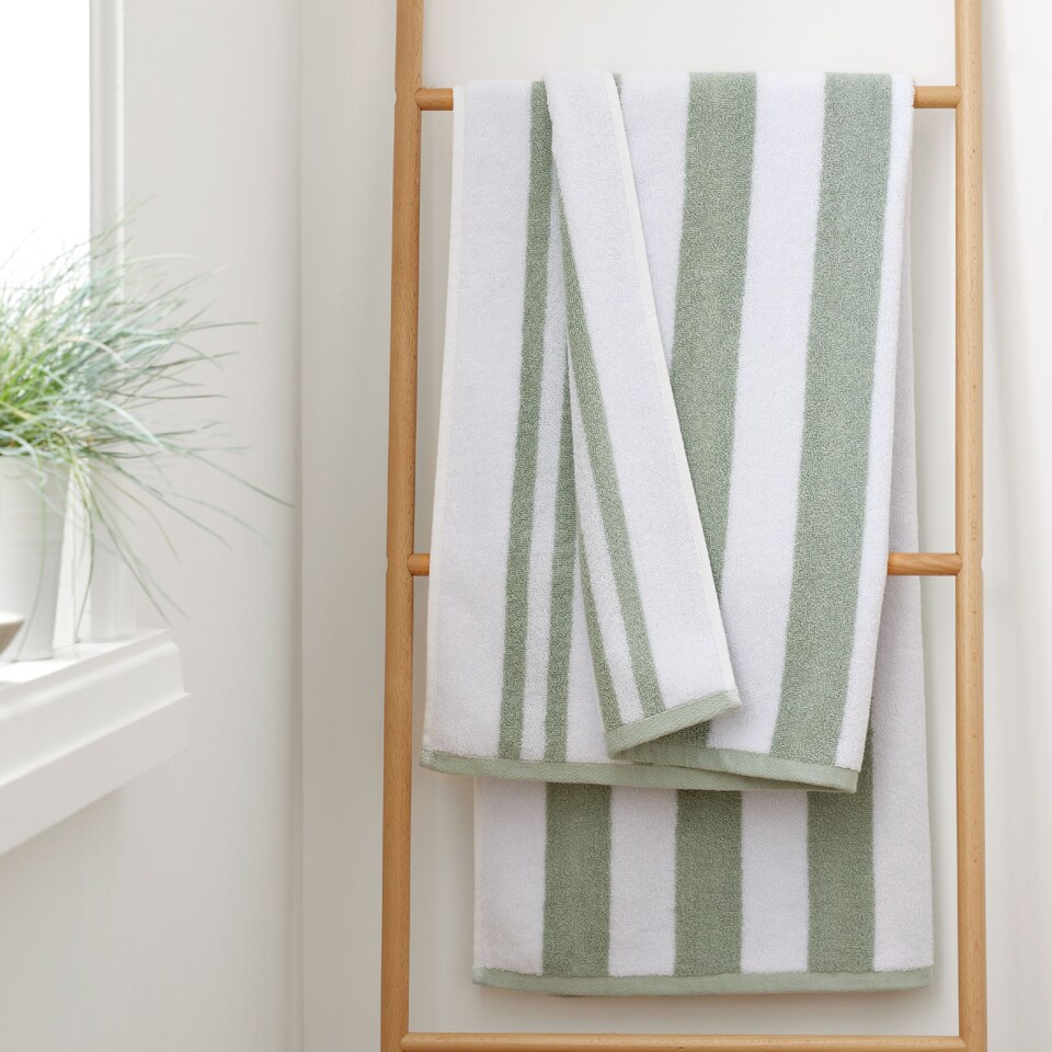 image 1 of Bianca Reversible Stripe Cotton Jacquard Bath Sheet | Green | Sage Green | Bath sheet