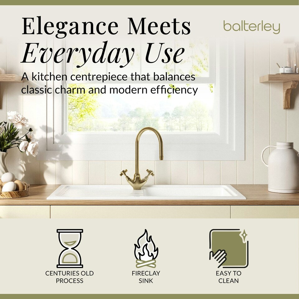 image 1 of Fireclay Kitchen Bundle - Single Bowl Sink & Drainer, Waste & Mono Crosshead Tap, 1010mm - Brushed Brass - Balterley