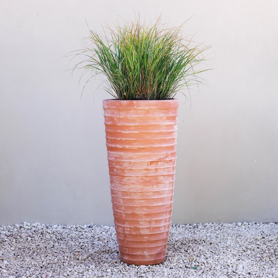 image 1 of Primrose Terracotta Red Tapered Tall Outdoor Cylinder Planter with Drainage 100cm