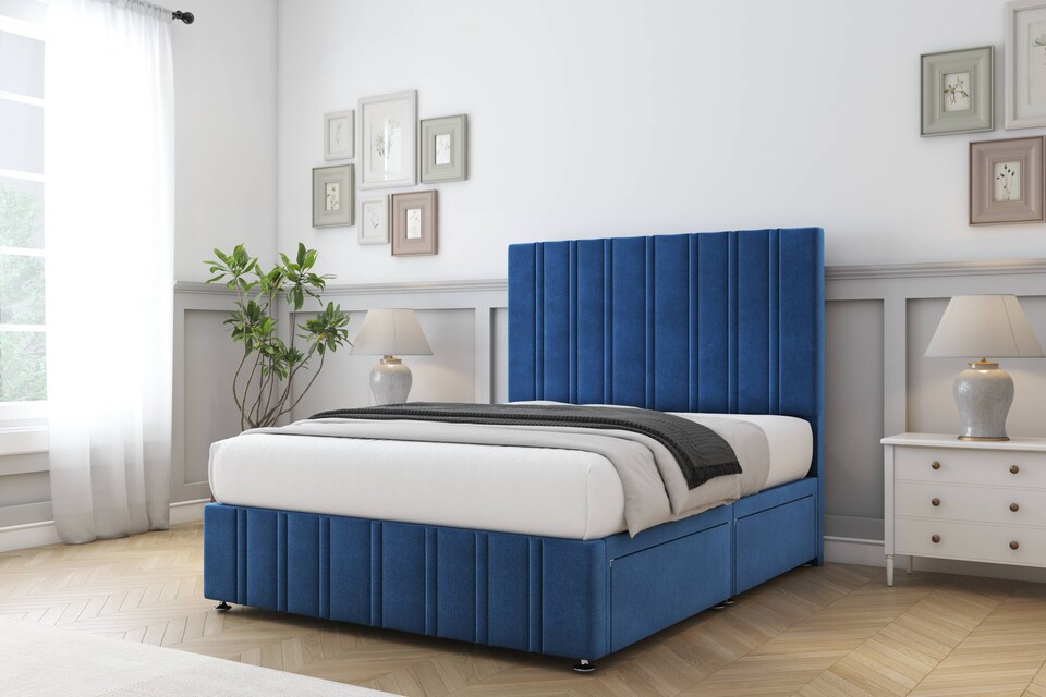 image 1 of Sloomy Langston Navy Plush Divan Bed Base 2 Drawers Foot-End With 54 Inch Floor Standing Headboard & 12 Inch Matching Footboard | Blue | Navy | Double | 1