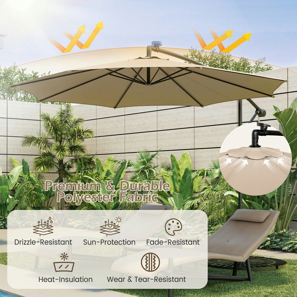 image 1 of COSTWAY 303 cm Patio Parasol Solar LED Cantilever Offset Umbrella Cream