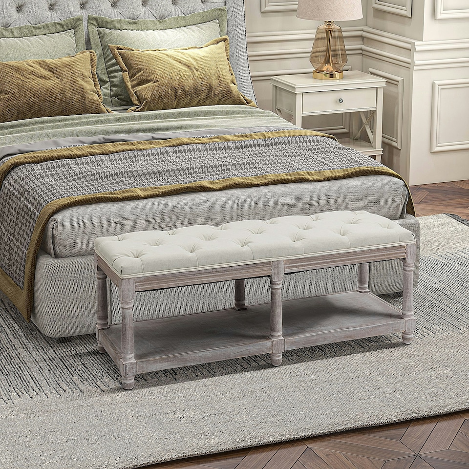 image 1 of HOMCOM 2-Tier Bed End Bench, Vintage Stool Button Tufted Window Seat Cream White Grey