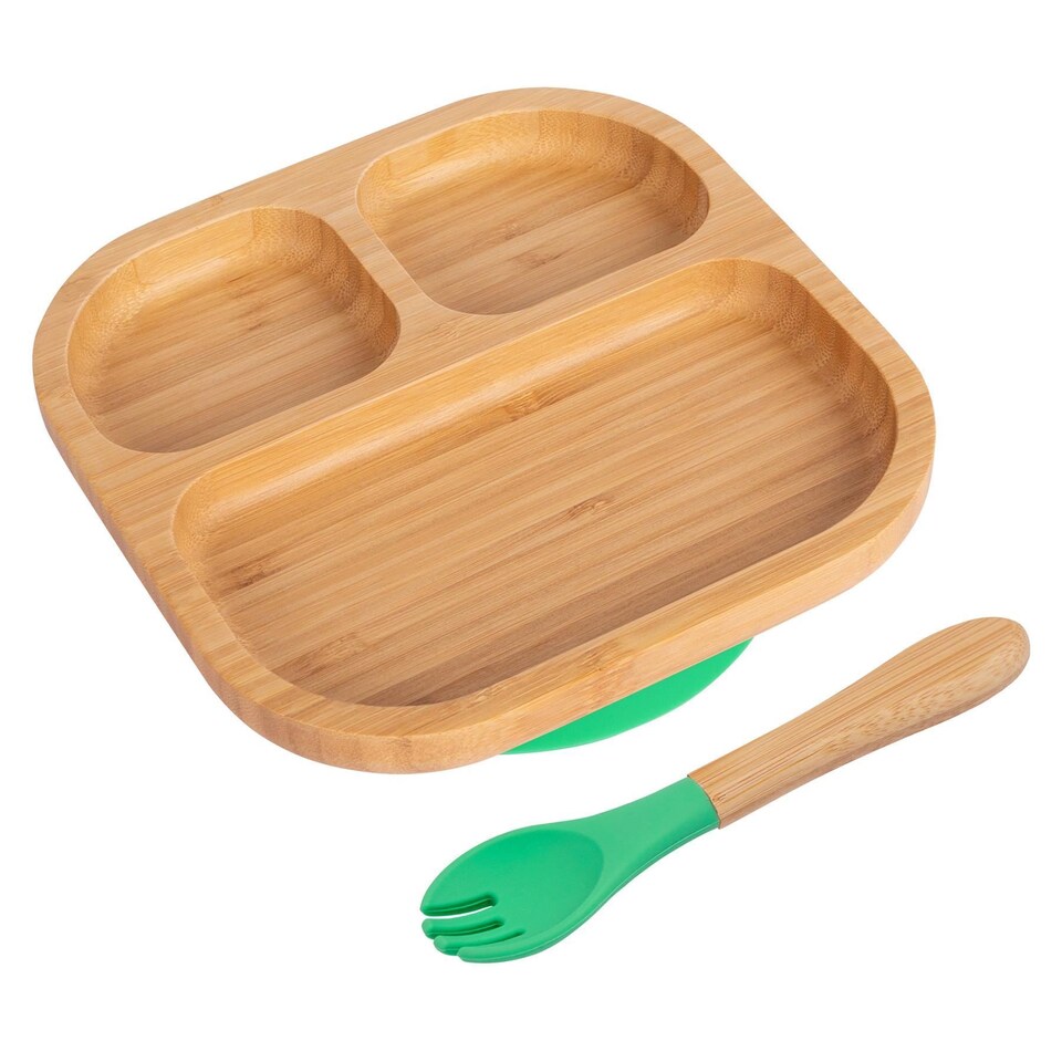 image 1 of Tiny Dining Bamboo Weaning Plate & Fork Set - Segmented/Green - Divided Non-Slip Bamboo Baby Self-Feeding Weaning Plate & Cutlery