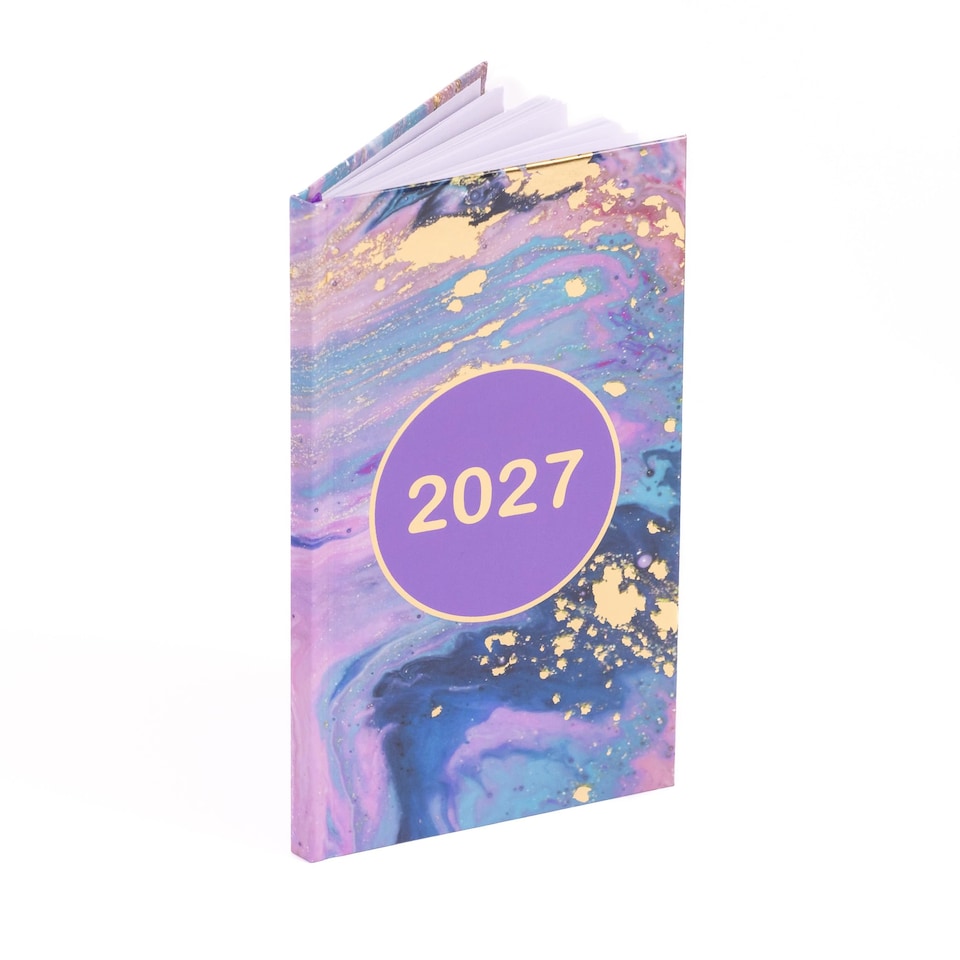 image 1 of 2027 Slim Diary Week to View - Marble Hardback Planner Runs January to December 2027 - Pocket Size, 16cm x 9cm with Ribbon Bookmark (Marble)