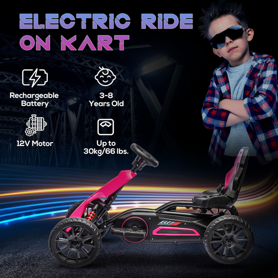 image 1 of HOMCOM Electric Go Kart for Kids, 12V Battery Powered Drift Kart with Dual Speed, Forward and Reverse, Safety Belt for Boys and Girls, Ages 3-8 Years, Pink