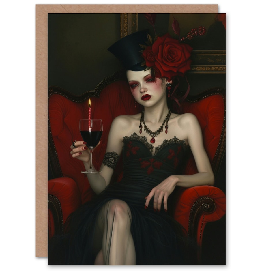 image 1 of Horror Goth Fashion Red Wine Lady Portrait Her Birthday Card