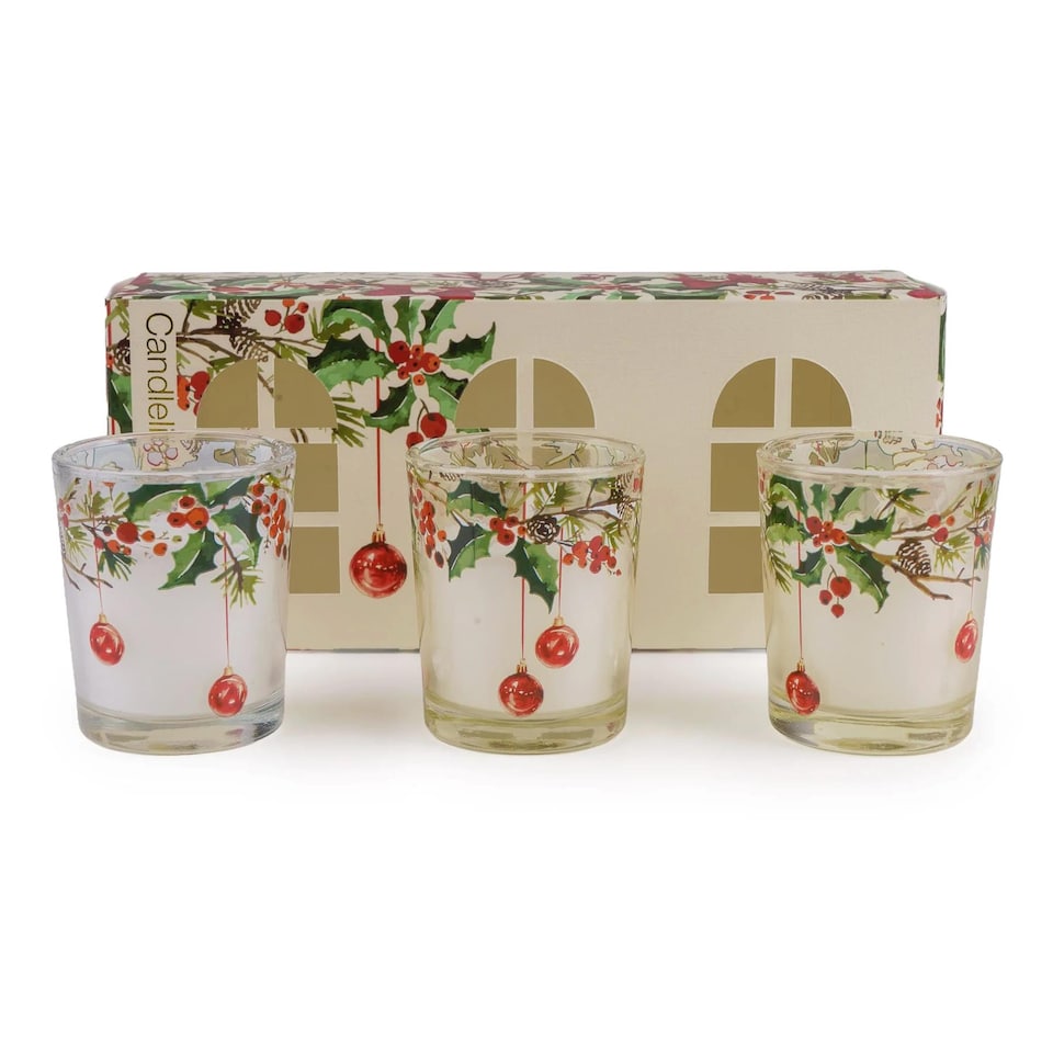 image 1 of Candlelight Set of 3 Christmas Votive Candles Ribbon & Bows