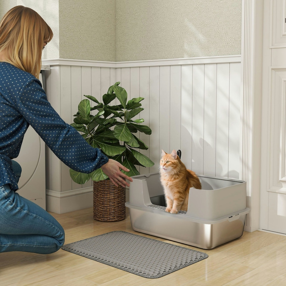 image 1 of PawHut Stainless Steel Litter Box with Scoop, High Sided Cat Litter Tray Grey | One Size