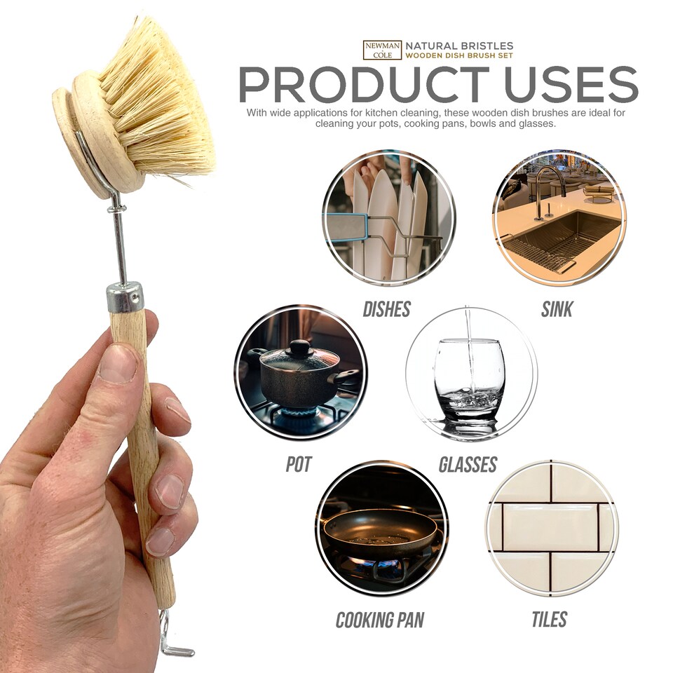 image 1 of Wooden Dish Brush Set with Natural Bristles and Replacement Heads