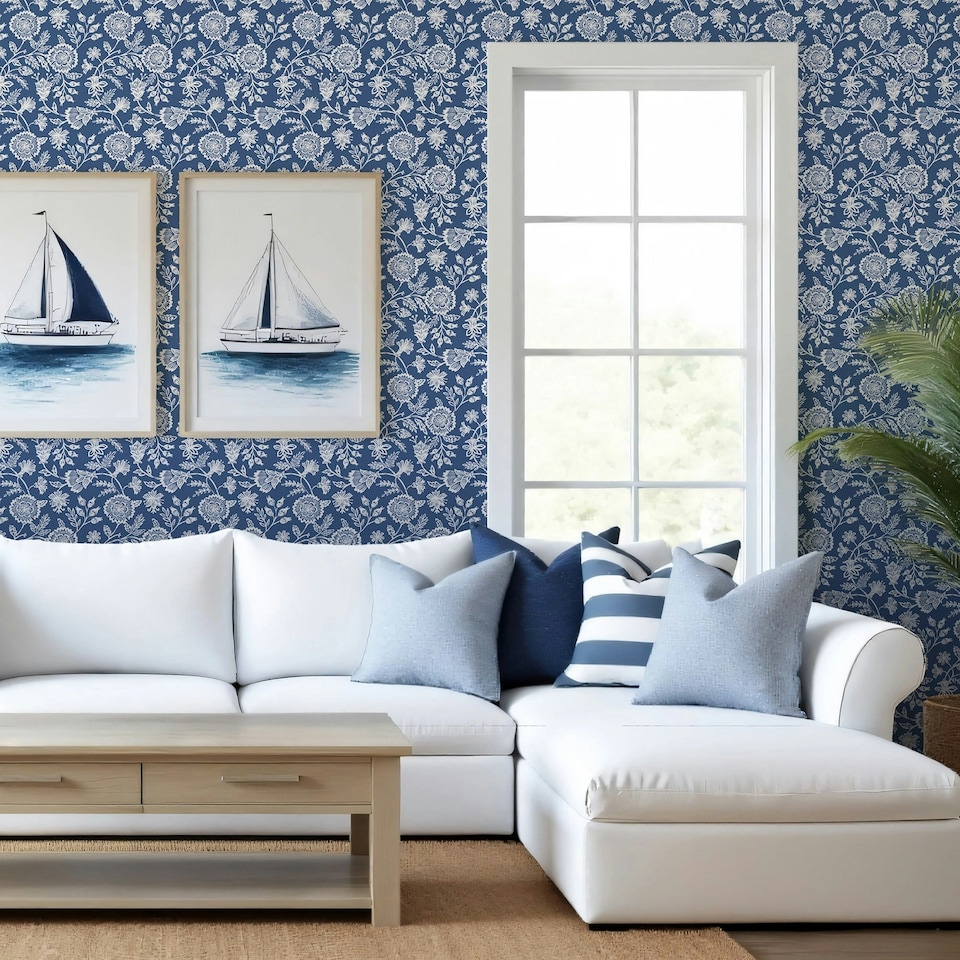 image 1 of Country Floral Wallpaper in Blue Blue