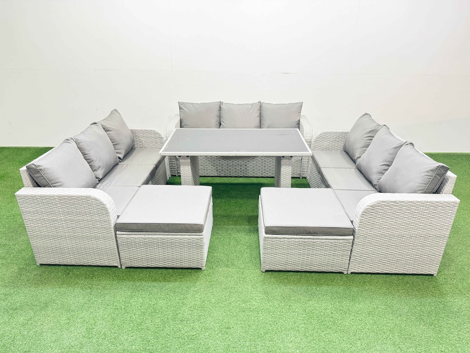 image 1 of Fimous Patio Garden Furniture Sets with Black Glass Top Dining Table 3 Seater Sofa 2 Big Stool Light Grey