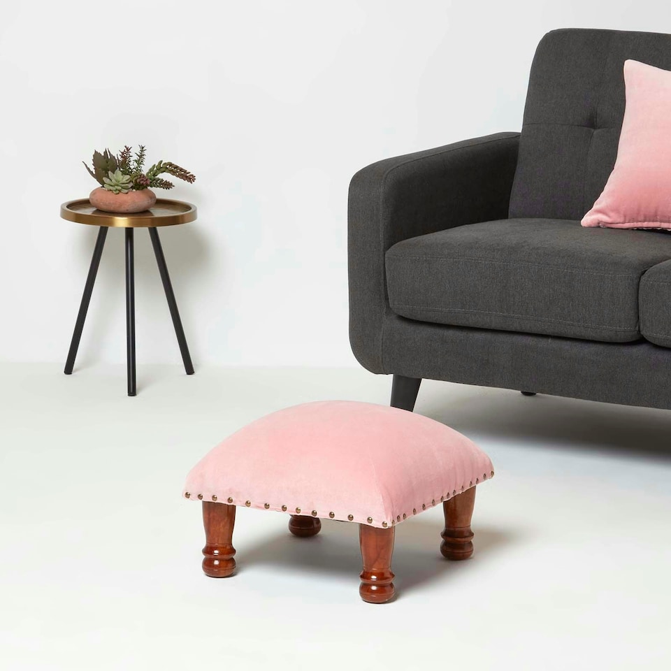image 1 of Homescapes Mable Pink Velvet Square Footstool