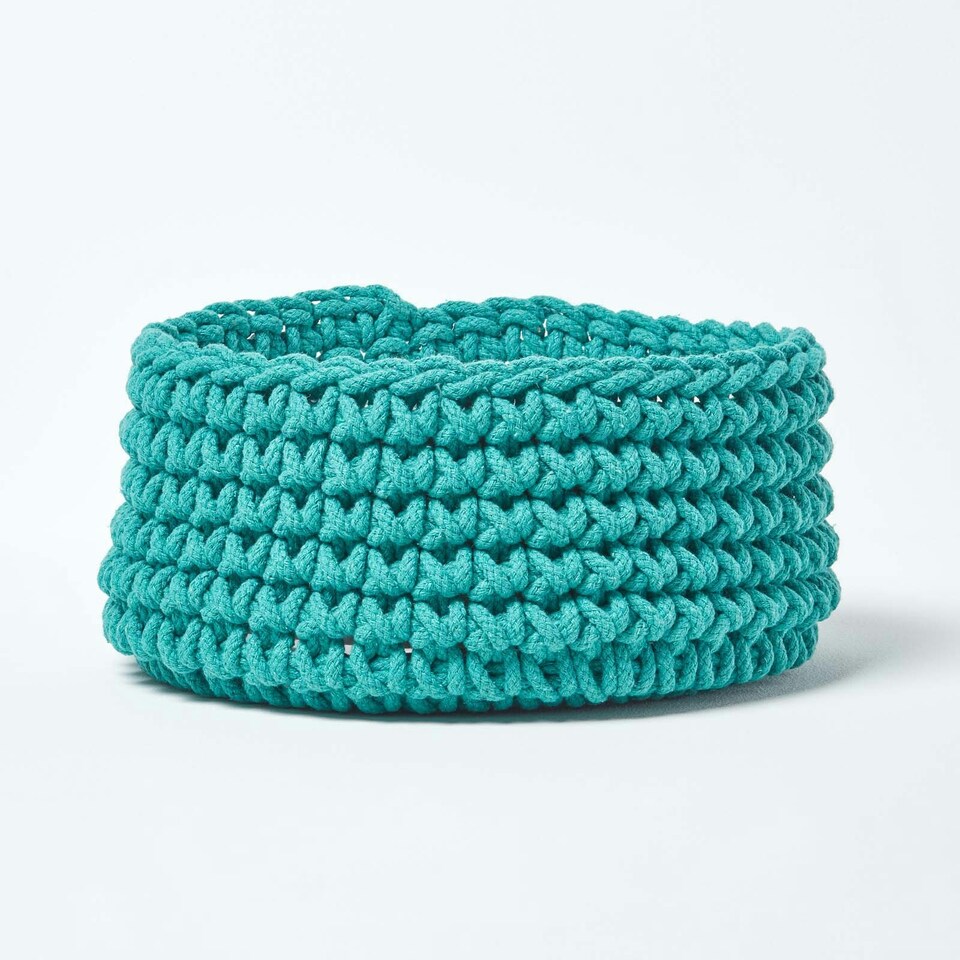 image 1 of Homescapes Teal Green Cotton Knitted Round Storage Basket - 37 x 21 cm Green | M