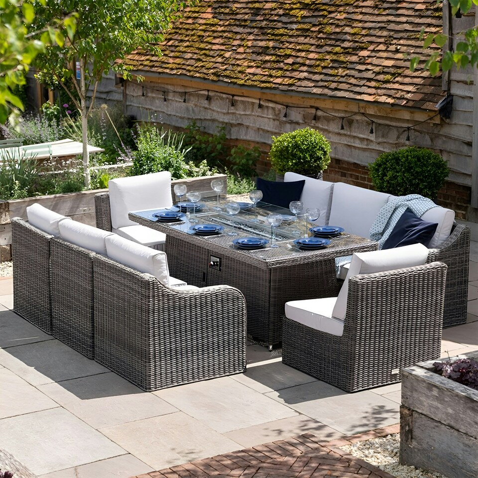 image 1 of Luxury Rattan 8 Seater Sofa Set with Integrated Fire Pit Table in Stone