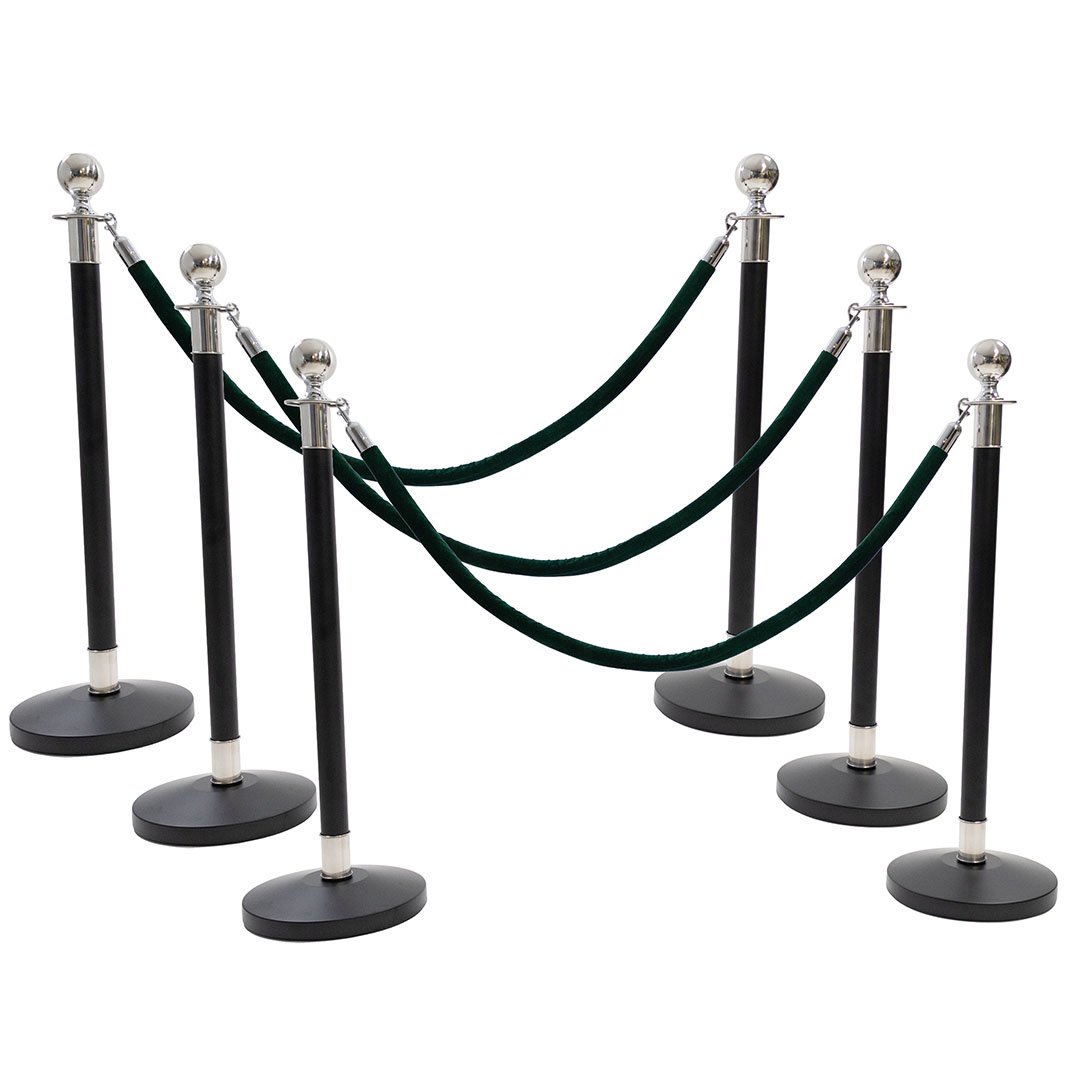 6 Silver Finish Black Stanchion Poles with 4 Dark Green Velvet Ropes