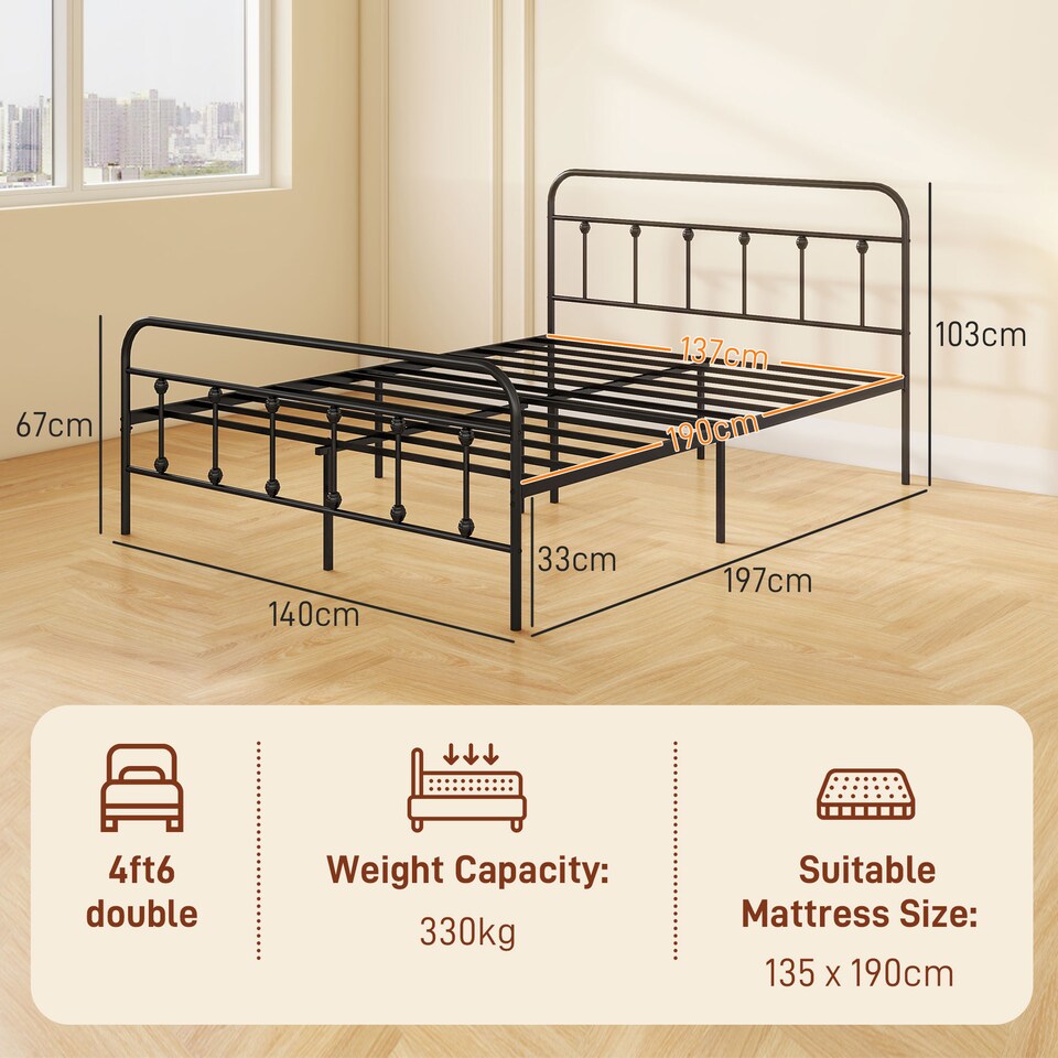 image 1 of HOMCOM 4ft6 Double Bed Frame, Metal Platform Bed frame with Tall Headboard, Footboard and Steel Slat Support, No Box Spring Needed, Easy Assembly, Black