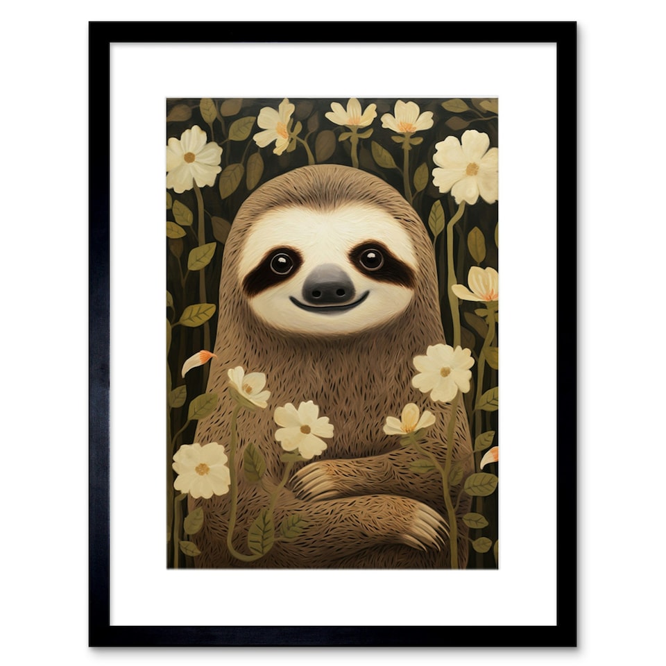 image 1 of Sloth Flowers Kids Bedroom Fun 9x7" Black Framed Wall Art Print