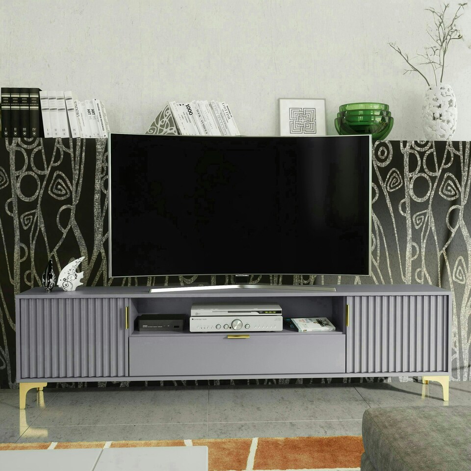 image 1 of TV Unit 200cm Grey with Fluted Doors, Gold Handles and Central Drawer | Grey | One Size | 1
