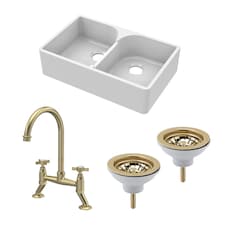 Fireclay Kitchen Bundle - Double Bowl Stepped Weir Butler Sink, Wastes & Bridge Crosshead Tap, 795mm - Brushed Brass - Balterley