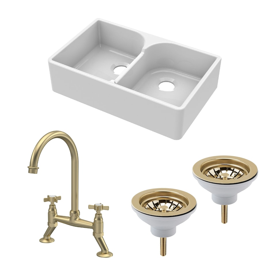 image 1 of Fireclay Kitchen Bundle - Double Bowl Stepped Weir Butler Sink, Wastes & Bridge Crosshead Tap, 795mm - Brushed Brass - Balterley