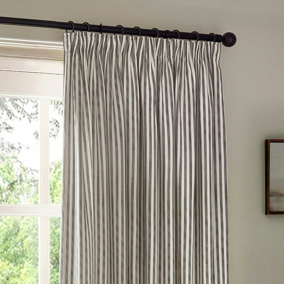 image 1 of Yard Hebden Striped Cotton Grey Pencil Pleat Curtains 117 x 183cm