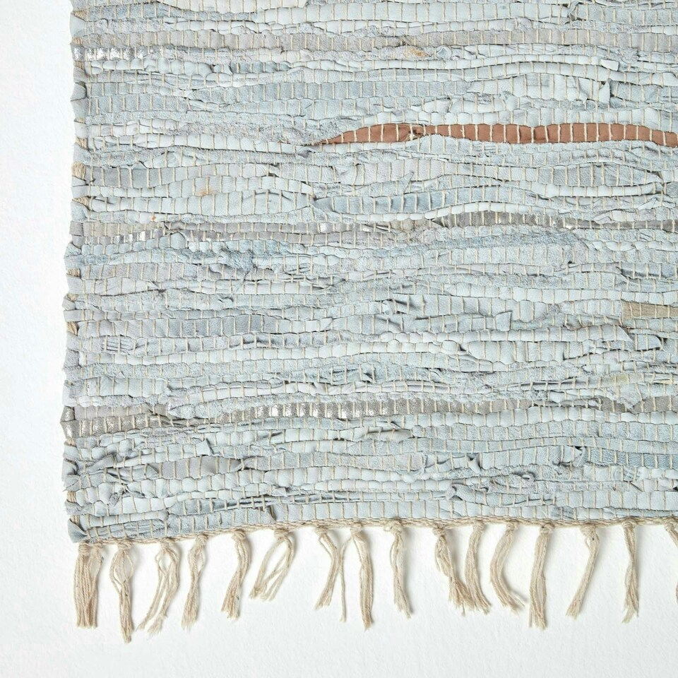 image 1 of Homescapes Leather Glitter Rug Silver and Natural - 66 x 200cm Runner Grey | 66 x 200 cm