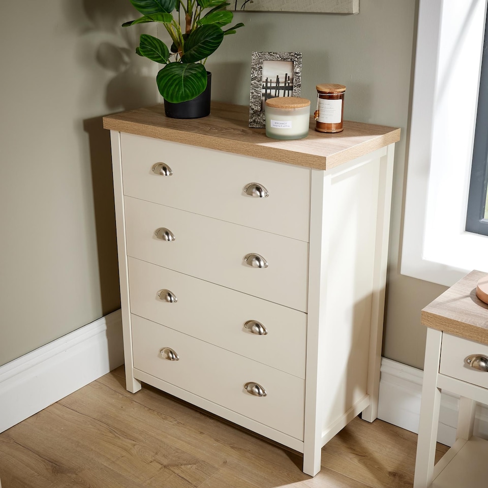 image 1 of Chest of Drawers Oak Top Metal Handles Bedroom Storage Furniture | White