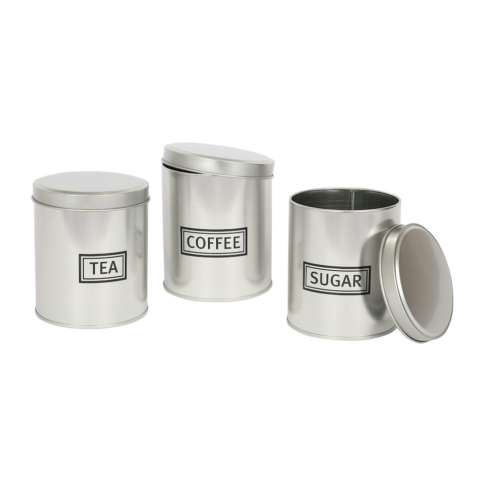 image 1 of Harbour Housewares 3pc Round Metal Tea Coffee Sugar Canister Set - Brushed - Kitchen Caddy Kitchen Storage Containers Canisters