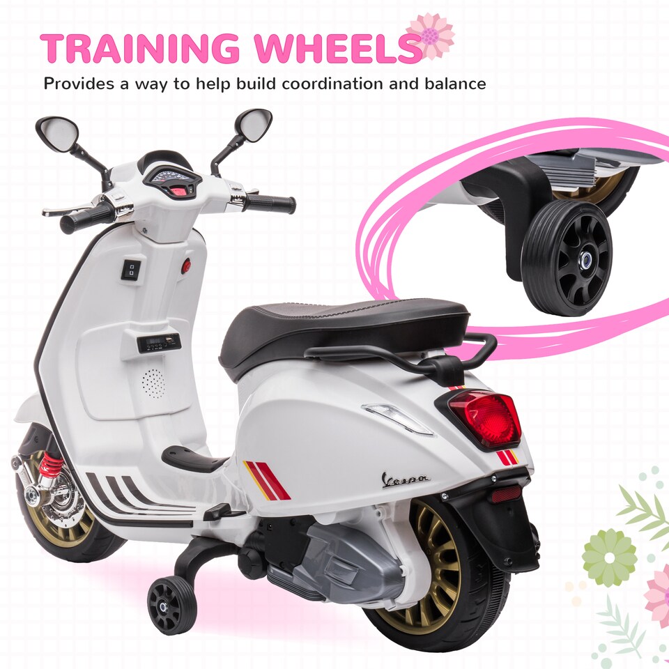 image 1 of AIYAPLAY Vespa Licensed 12V Kids Electric Motorbike, Kids Ride on Motorcycle with Music, Head Light, MP3, FM Radio, Two Training Wheels, for 3-6 Years - White